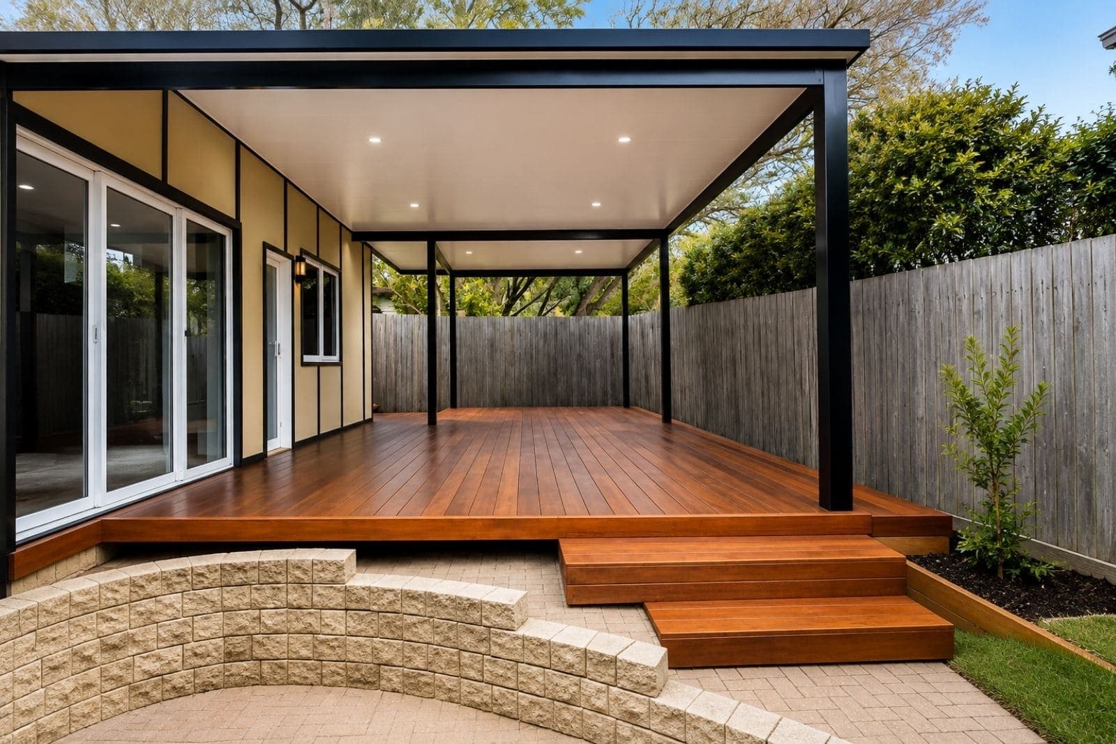 Timber pergola built over an outdoor entertaining area in Sydney